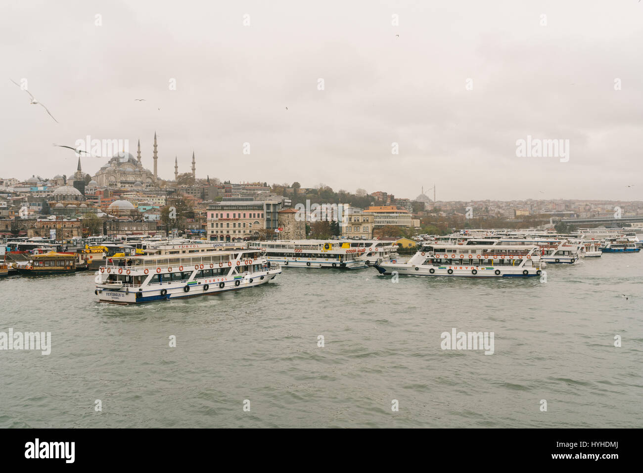 Ferry boats along the water of the Ancient city of Istanbul, Turkey Stock Photo