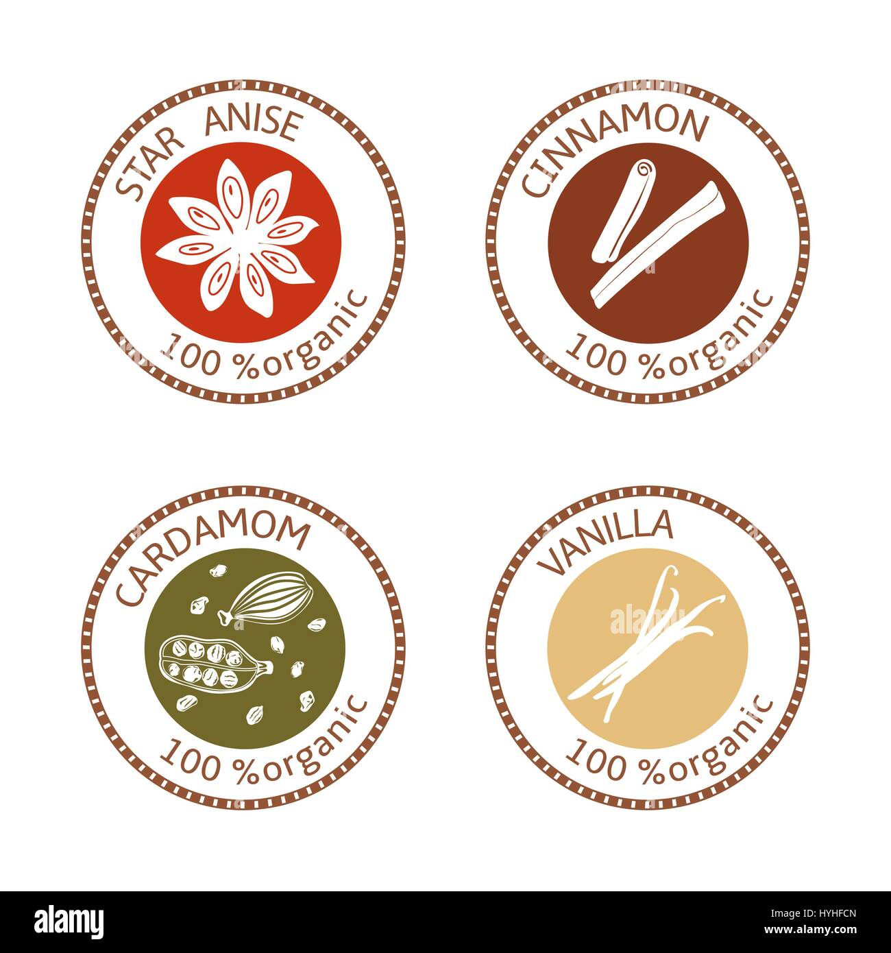 Set of flat spices stamp labels. 100 organic. collection Stock Vector