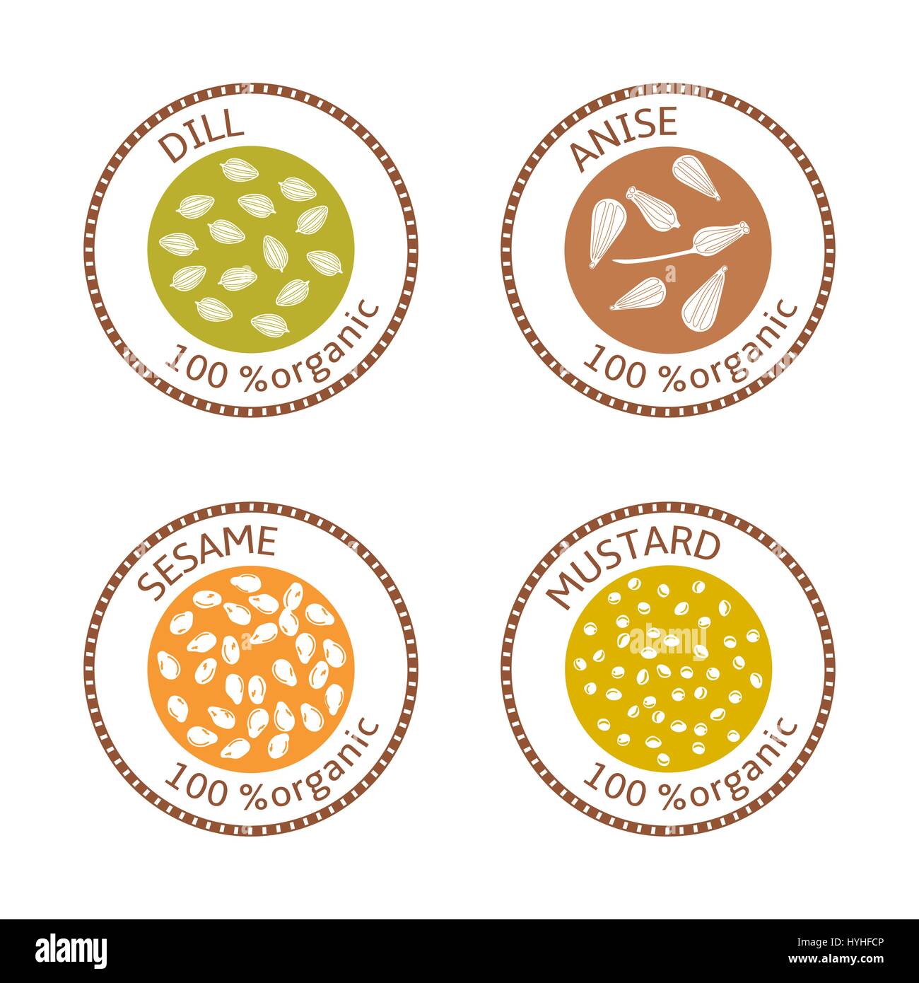 Set of flat spices stamp labels. 100 organic. collection Stock Vector