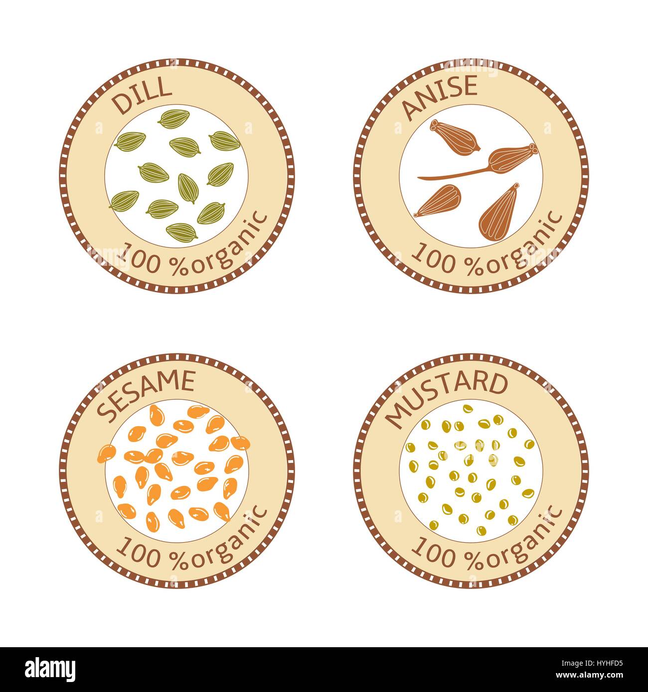 Set of spices labels. 100 organic. collection Stock Vector