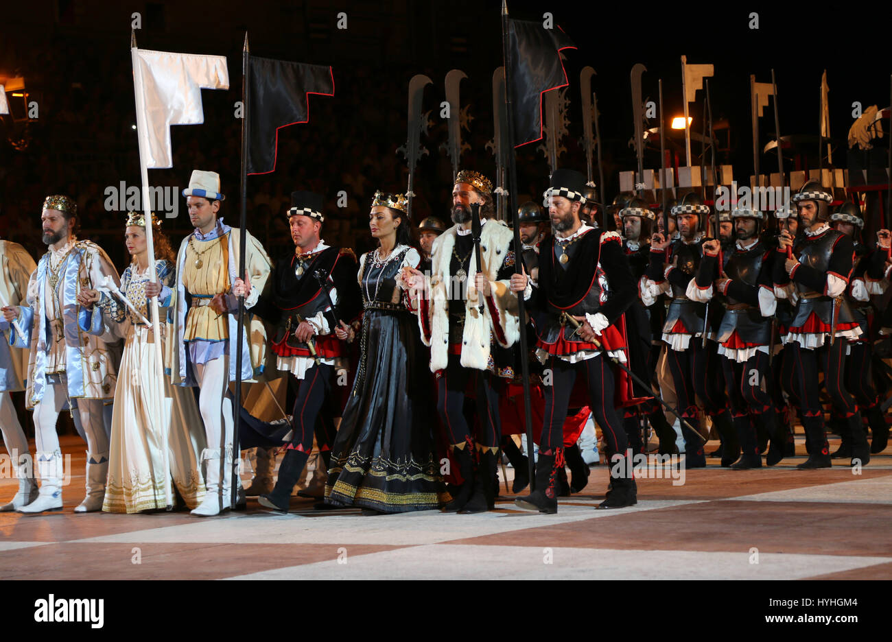 Marostica, VI, Italy - September 9, 2016 characters in costume before the battle with human chess game in the big chessboard in the main square Stock Photo