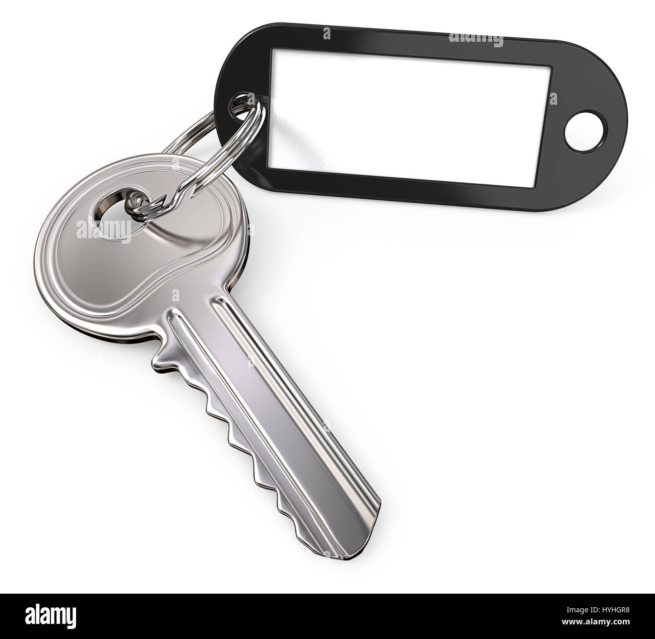 Modern Steel Key and Black plastic Tag label. Blank for Copy Space. 3D render. Stock Photo