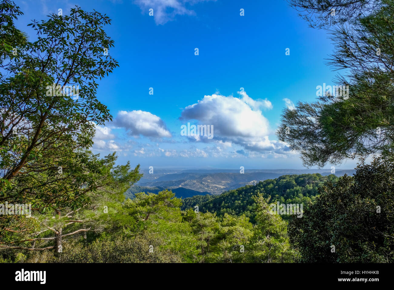 Troodos Mountain in Cyprus, a view from the top taken in springtime. Stock Photo