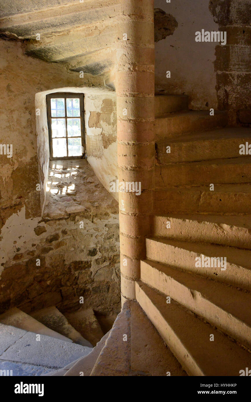 Portrait view of a medieval staircase in the castle of Bruniquel, in the French Aveyron region. Stock Photo