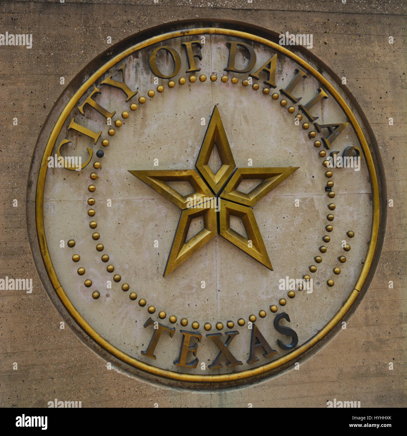 The metropolitan logo outside of City Hall in Dallas Texas. Stock Photo
