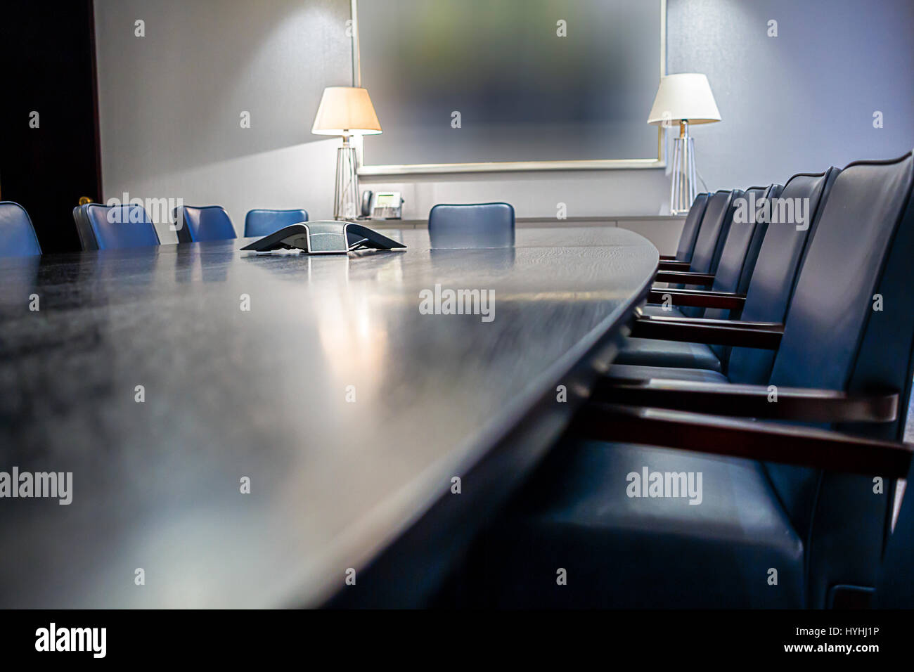 Abstract angle of an empty boardroom table Stock Photo