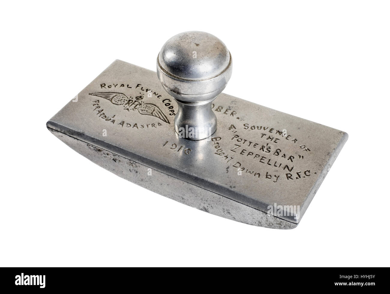 WW1 aluminium rocker blotter made from remnants of Zeppelin L31 shot down over Potters Bar on 1st October 1916 by Lieutenant Tempest of the RFC Stock Photo