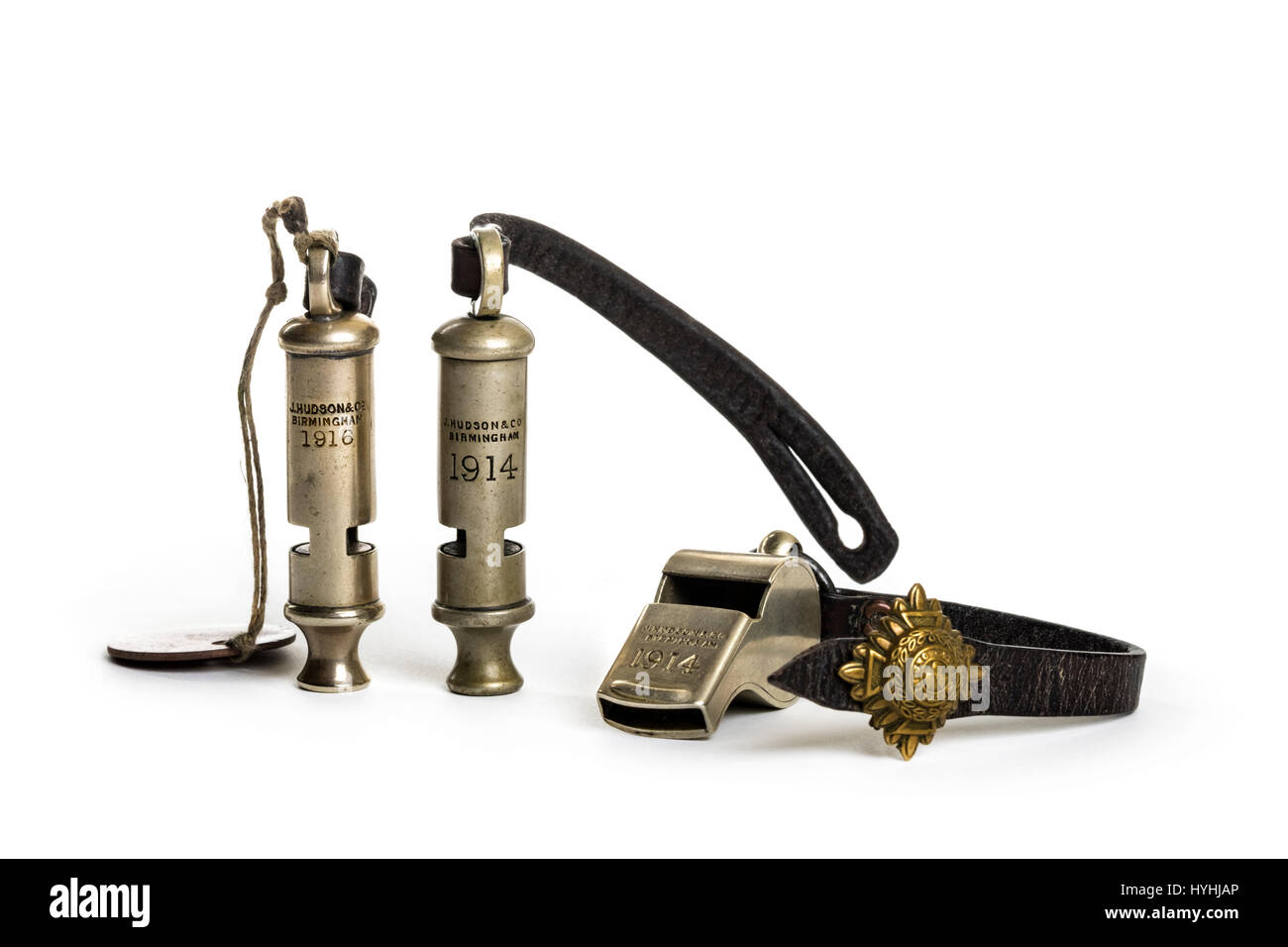 WW1 British military whistles by J. Hudson, Birmingham, including one belonging to Lieutenant Philip Howe MC, 10th Battalion, West  Yorkshire Regiment Stock Photo