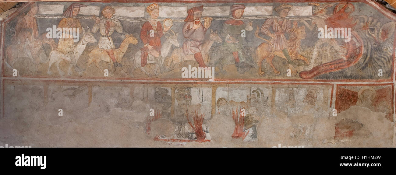 France, Hautes-Alpes, valley of Claree, Pamplinet, chapel Notre Dame des Graces, Fresco of the vices and the virtues Stock Photo