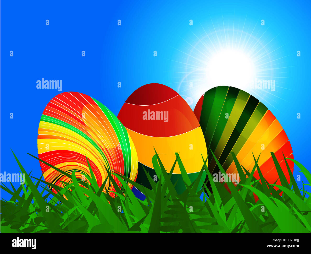 Colourful striped Easter eggs on Green Grass Over Blue Sunny Sky ...