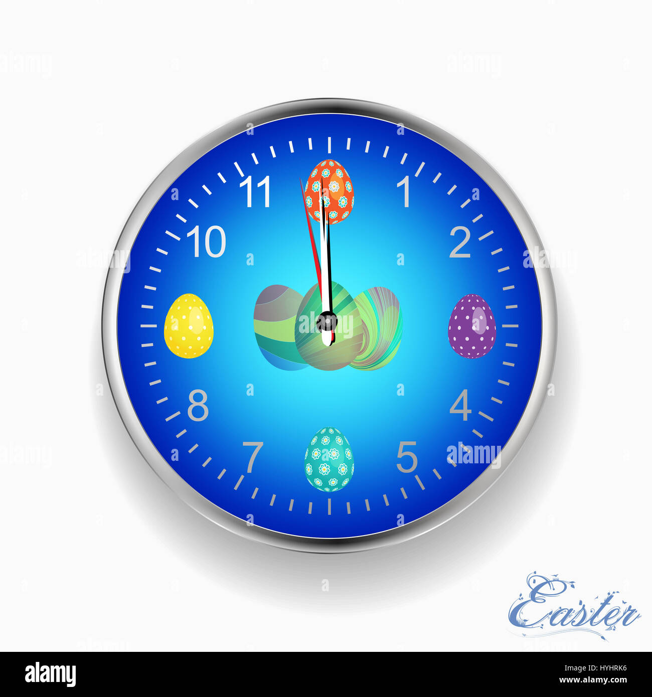 Blue and Metallic Wall Clock with Decorated Easter Eggs Over White with