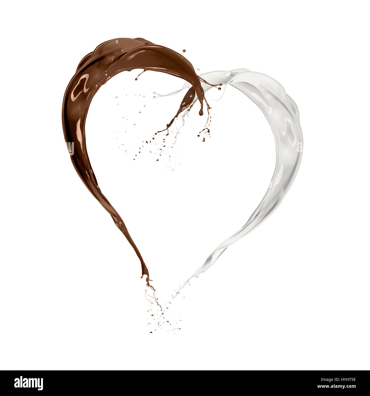 milk and chocolate wave splashing heart shape, isolated on white Stock