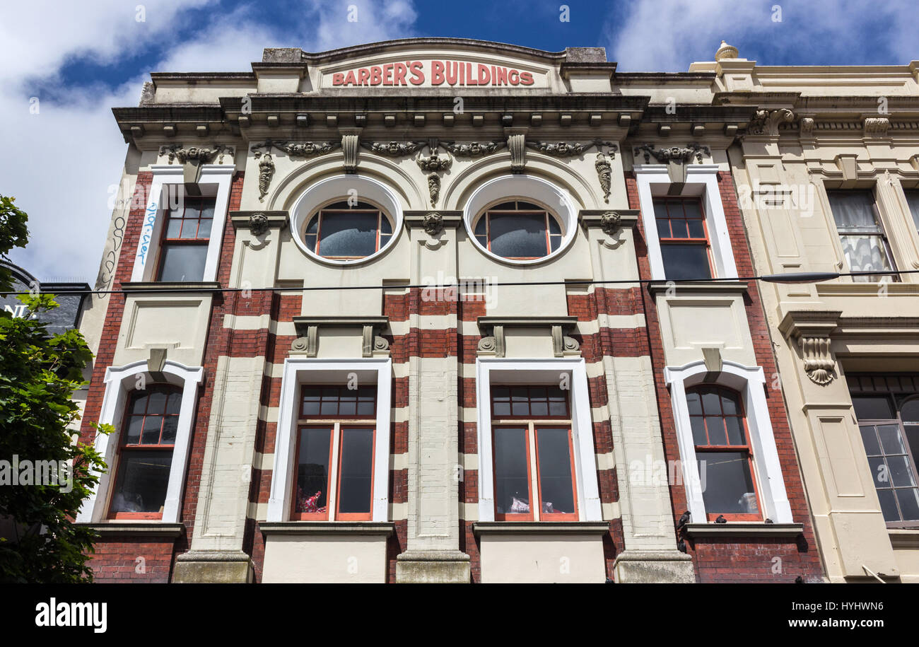 Wellington, New Zealand - February 10, 2017: The Barber's Buildiings facade at Cuba Mall street. Stock Photo