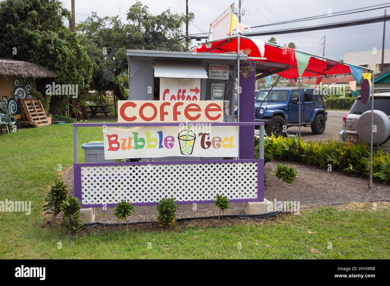 KAHUKU, OAHU, HAWAII FEBRUARY 27, 2017 Coffee stand and bubble tea