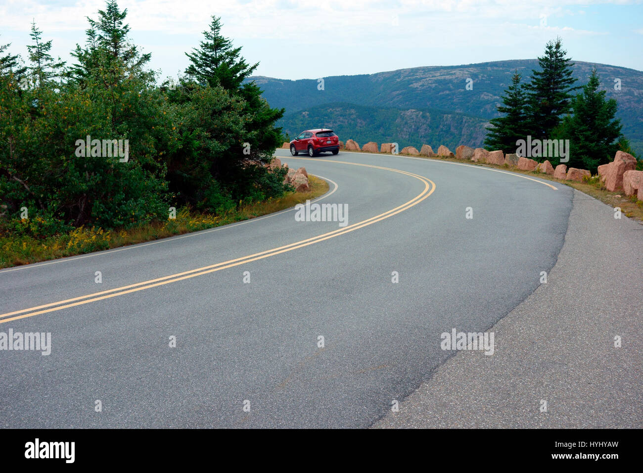 Highway at the top of Cadillac Mountain, Mount Desert, Maine, USA Stock