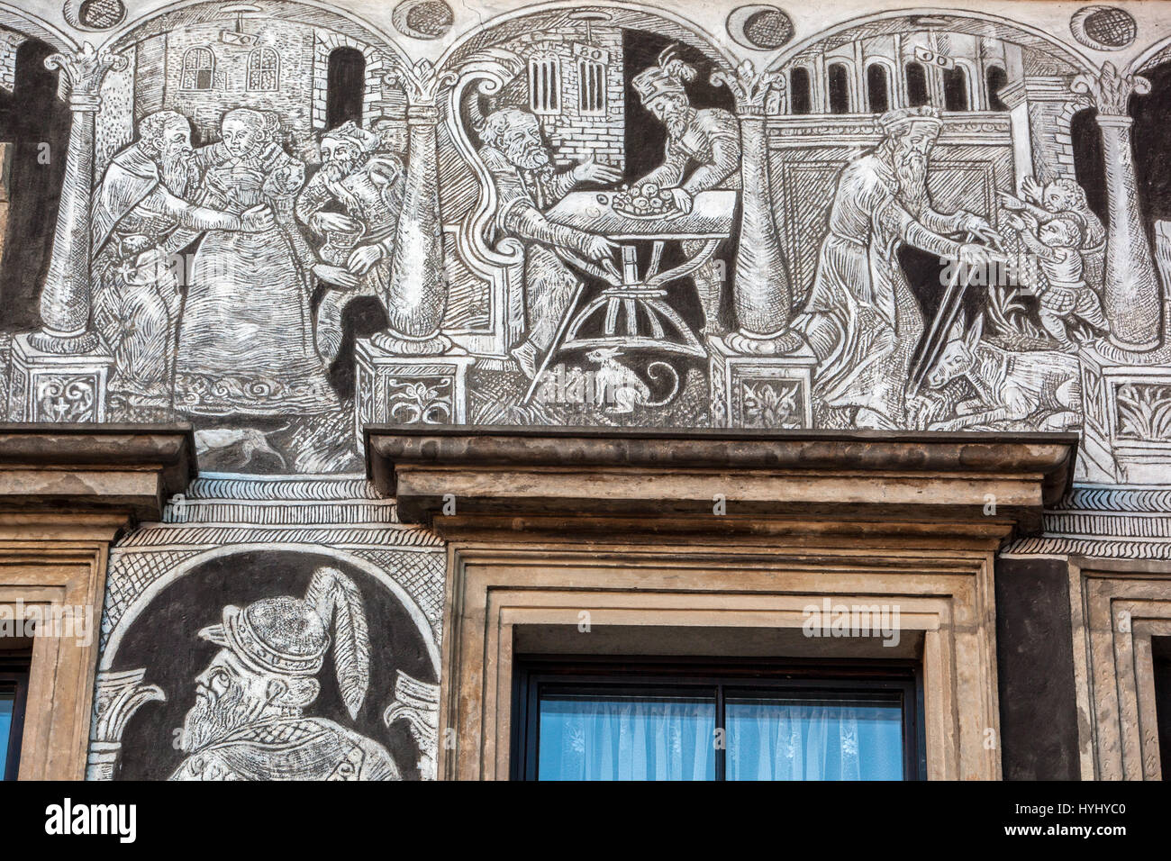 Renaissance house on the Main Square with sgraffito on the facade, Litomerice, Czech Republic Stock Photo
