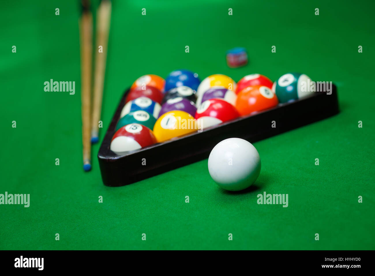 Billiard balls pool on green table Stock Photo
