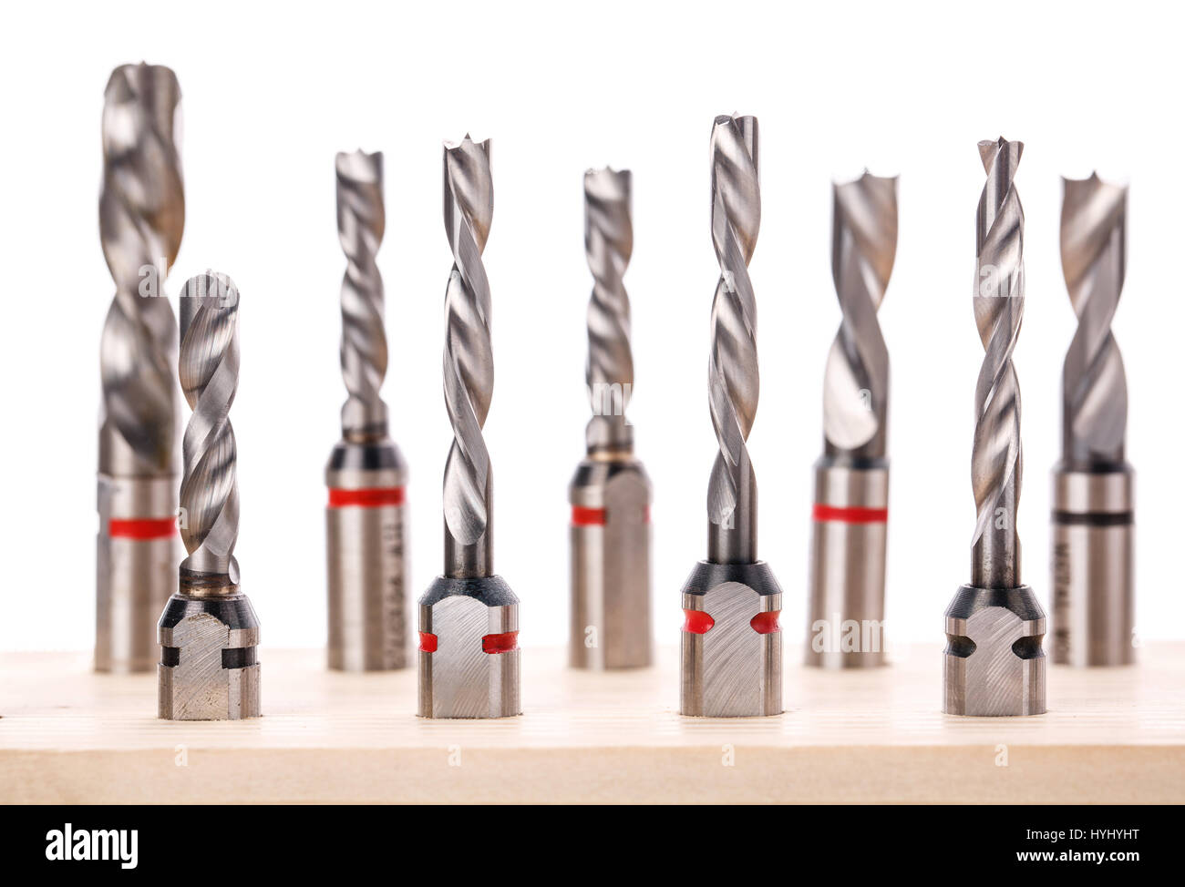 drill bits for wood standing on wooden stand Stock Photo