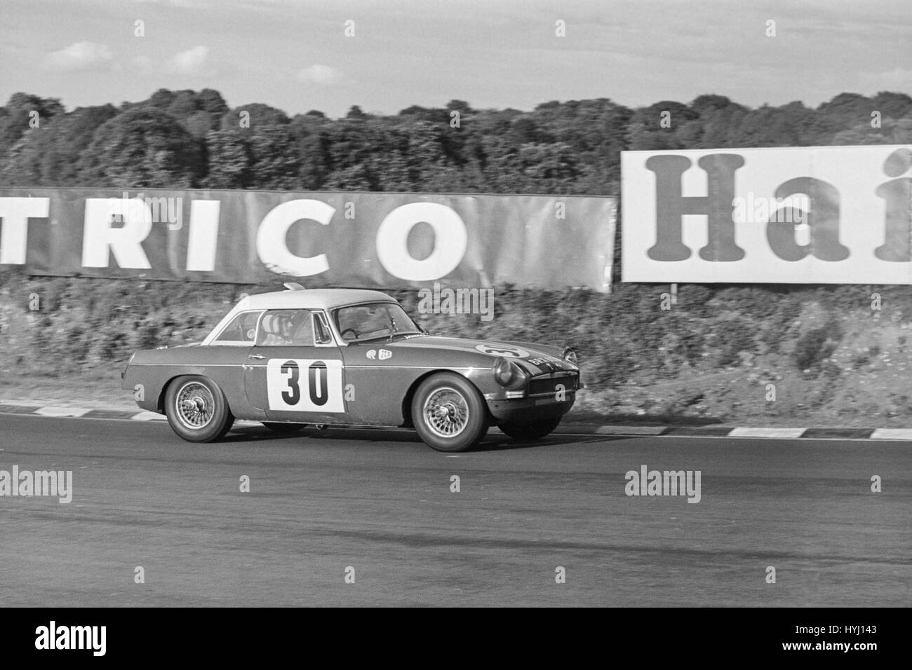 MGB racing car at Brands Hatch in England in the 1960s. Stock Photo