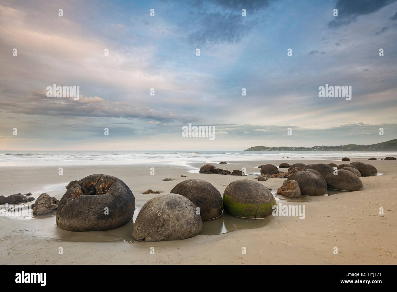 Moeraki Boulders on the beach, round boulders, Moeraki, Otago, Southland, New Zealand Stock Photo