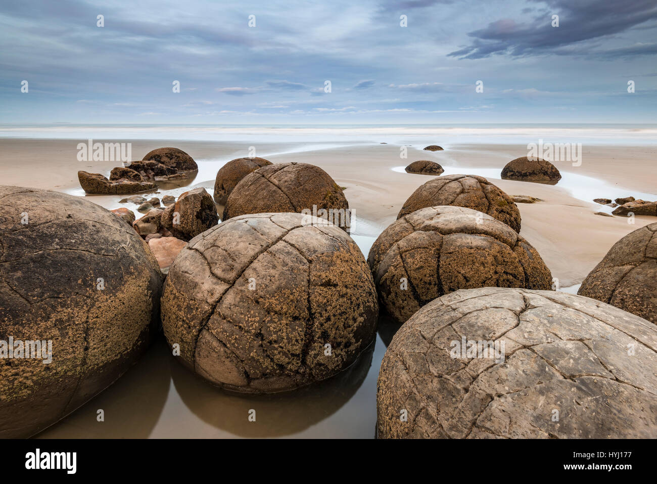 Moeraki Boulders on the beach, round boulders, Moeraki, Otago, Southland, New Zealand Stock Photo