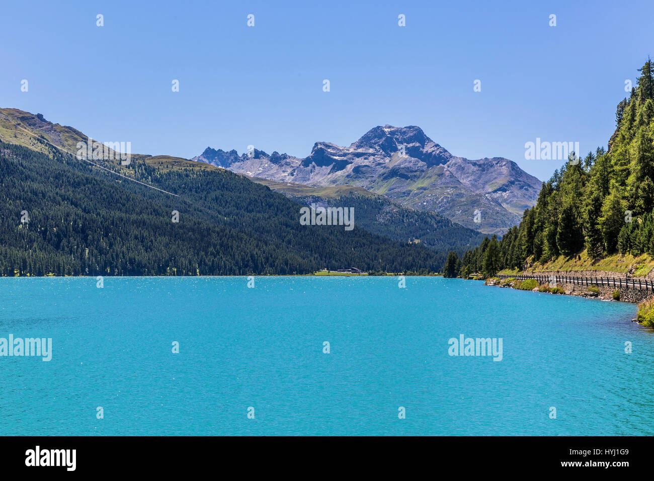 Silvaplana lake, Engadine lakeland, Piz de la Margna, 3159 m, Silvaplana, Maloja region, county Upper Engadine Stock Photo