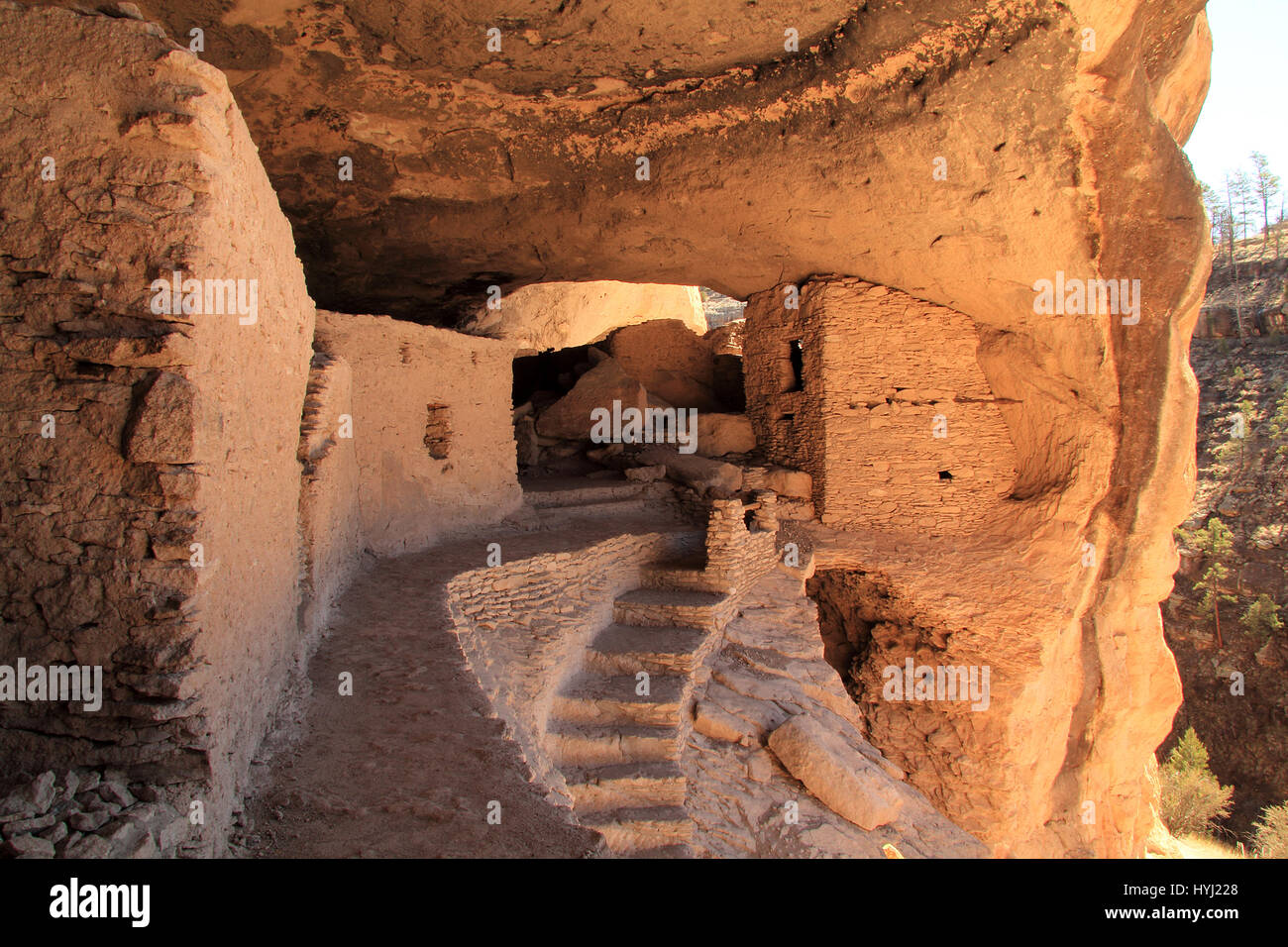 Ancient Mogollon Ruins at Gila Cliff Dwellings National Monument in the Gila Wilderness, New Mexico Stock Photo