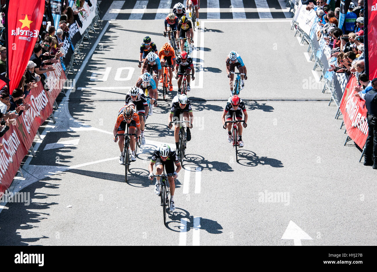 Racing cyclists, Sprint, Volta a Catalunya 2017, Volta de Catalunya, Barcelona, Spain Stock Photo
