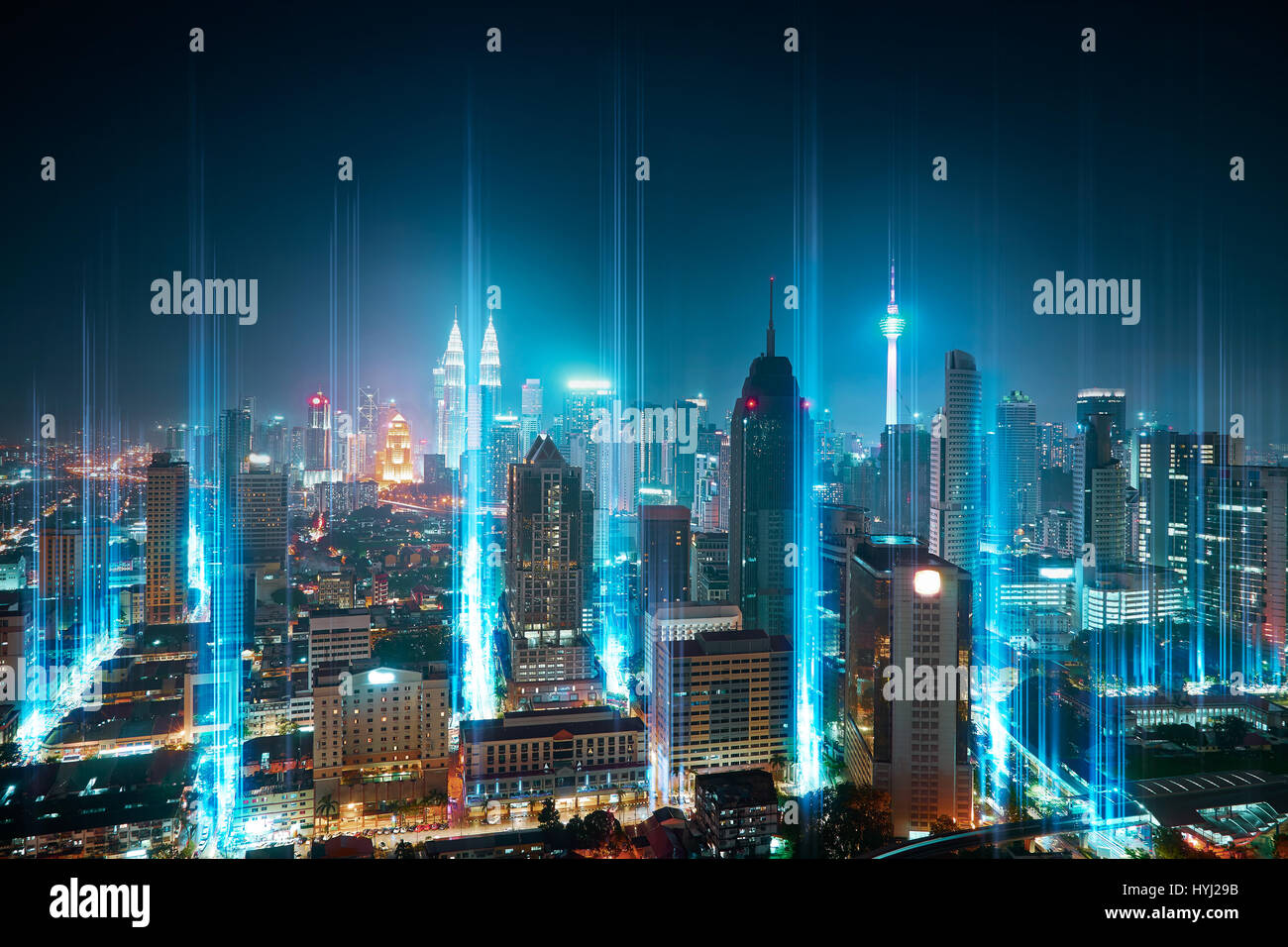 The network light came out from the ground ,modern city with wireless network connection concept , abstract communication technology image visual . Stock Photo