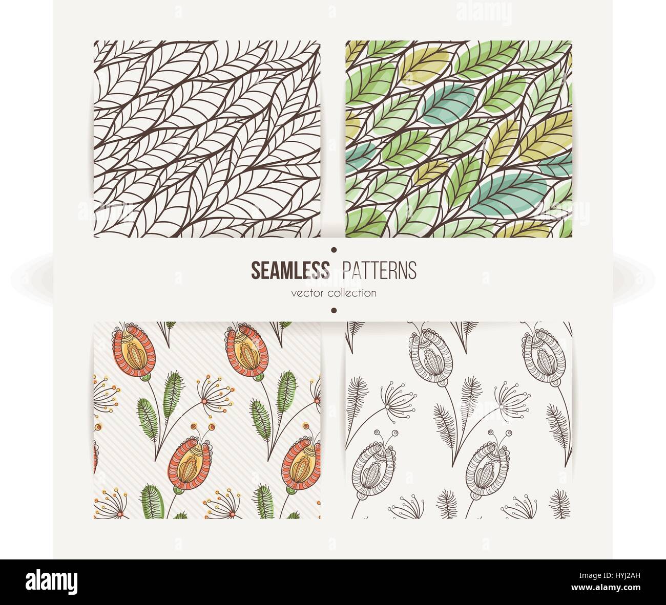 Set of seamless doodle floral and leaves patterns. Stock Vector