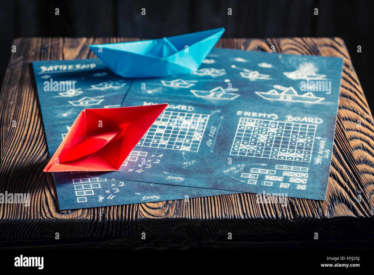 Homemade battleship paper game for two players Stock Photo