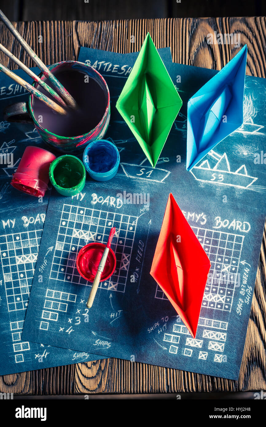 Homemade battleship paper game ready to play Stock Photo