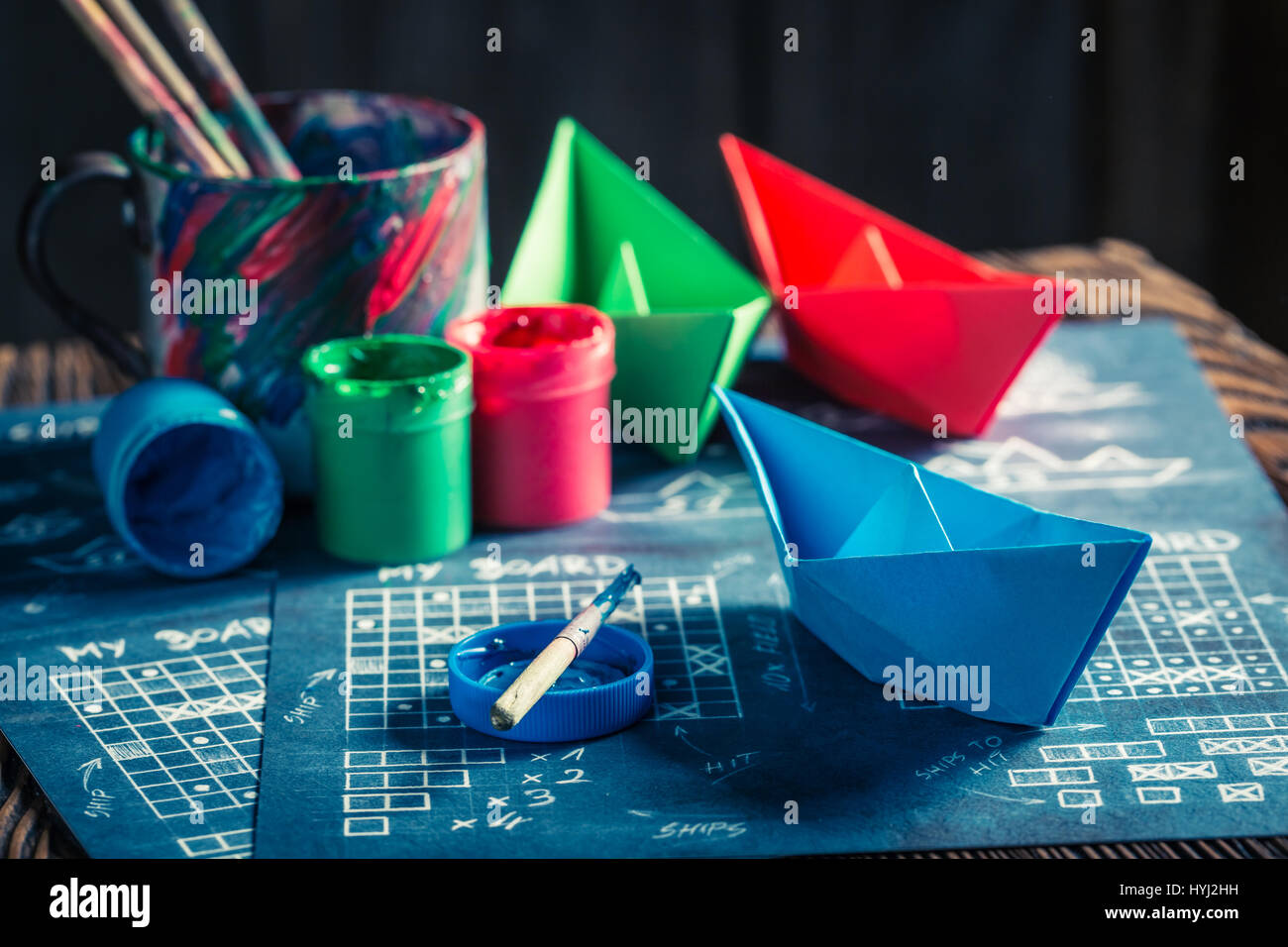 Vintage battleship paper game with red and blue ships Stock Photo