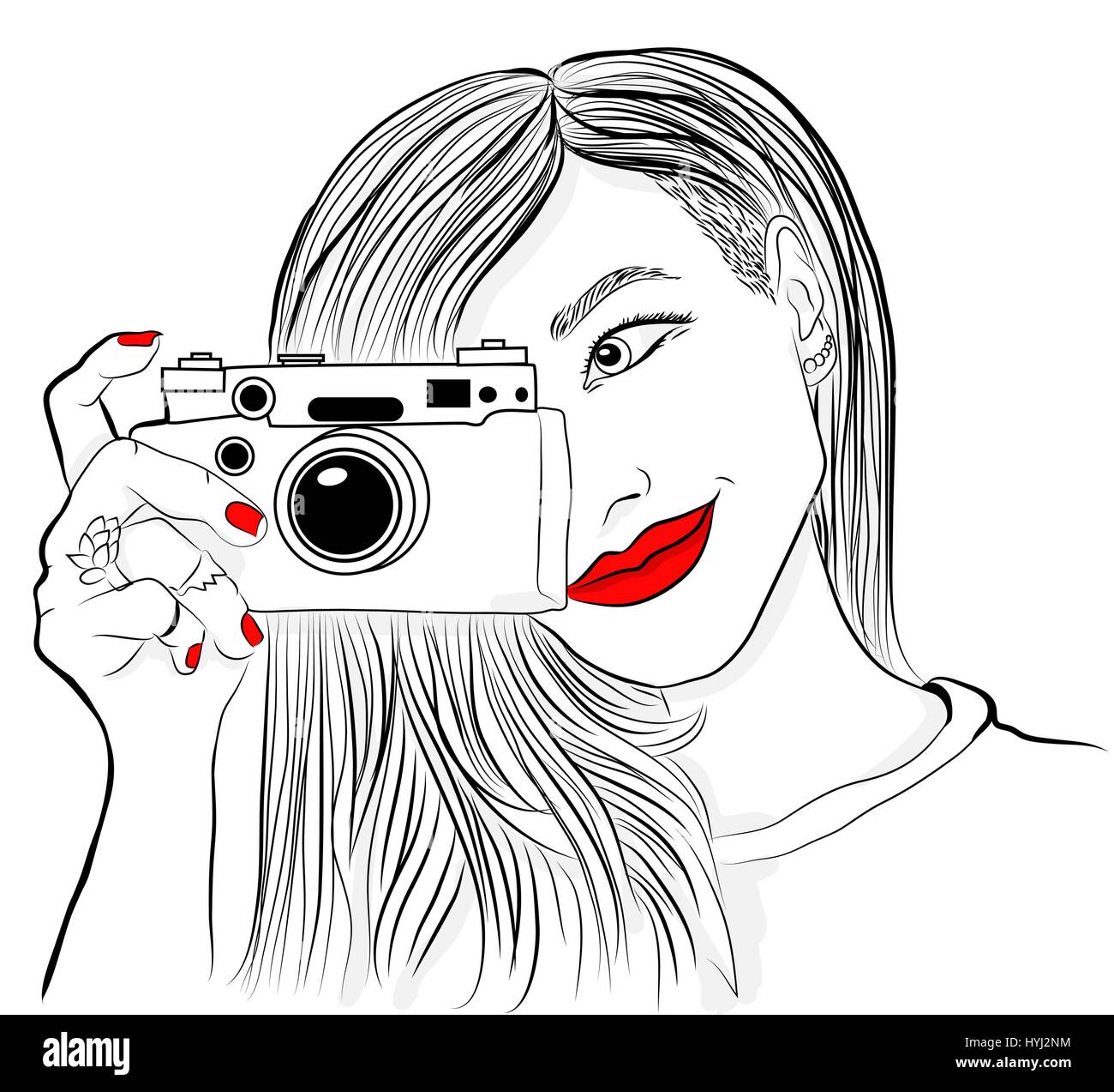 Monochrome vector illustration. Beautiful girl with red lips and nails. Smiling photographer with old camera. Stock Vector