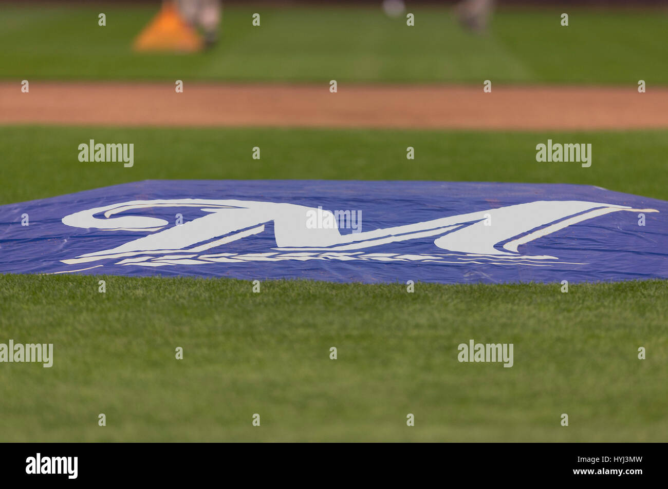 April 03, 2017: The pitching mound covered with the Milwaukee logo prior to the Major League Baseball game between the Milwaukee Brewers and the Colorado Rockies on opening day at Miller Park in Milwaukee, WI. John Fisher/CSM Stock Photo
