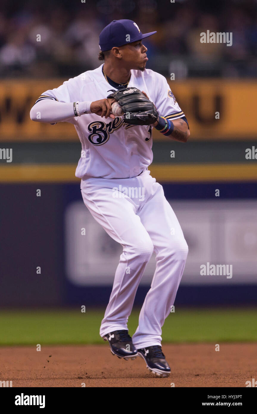 April 03, 2017: Milwaukee Brewers shortstop Orlando Arcia #3 throws out a Colorado runner in the Major League Baseball game between the Milwaukee Brewers and the Colorado Rockies on opening day at Miller Park in Milwaukee, WI. John Fisher/CSM Stock Photo