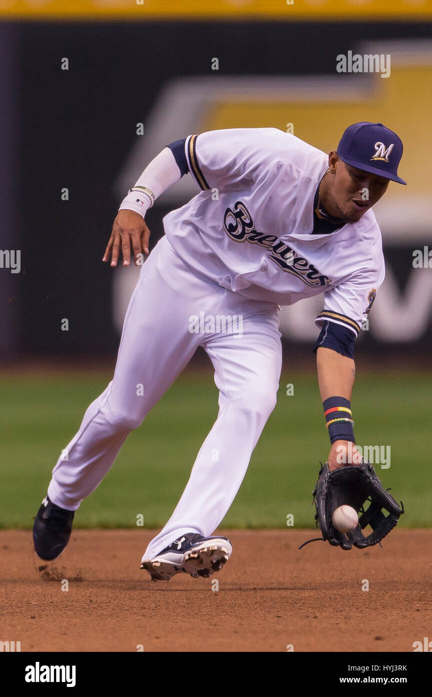 April 03, 2017: Milwaukee Brewers shortstop Orlando Arcia #3 fields a ground ball in the Major League Baseball game between the Milwaukee Brewers and the Colorado Rockies on opening day at Miller Park in Milwaukee, WI. John Fisher/CSM Stock Photo