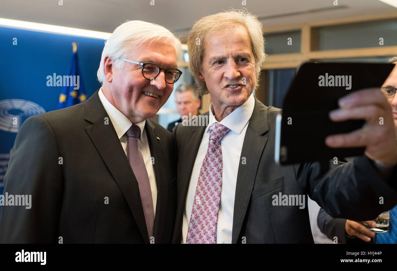 Strasbourg, France. 04th Apr, 2017. German President Frank-Walter Steinmeier (L) takes a selfie with Jo Leinen (R), member of the European Parliament (MEP) representing Germany's Social Democratic Party (SPD), at a reception for German EU MEPs at the European Parliament in Strasbourg, France, 04 April 2017. Steinmeier held a speech at the parliament prior to the reception. Photo: Bernd von Jutrczenka/dpa/Alamy Live News Stock Photo