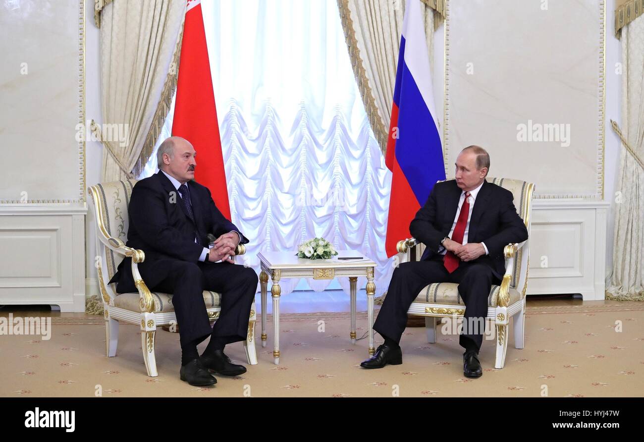 St Petersburg, Russia. 03rd Apr, 2017. Russian President Vladimir Putin and President of Belarus Alexander Lukashenko during a bilateral meeting at the Konstantin Palace April 3, 2017 in St.Petersburg, Russia. The leaders meet to discuss an ongoing dispute over energy payments and announced a settlement. Credit: Planetpix/Alamy Live News Stock Photo