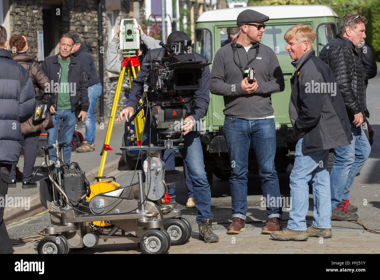 Cumbria, UK. 4th Apr, 2017. Windermere Village Cumbria Peter Rabbit location filming –The star of the film –Peter Rabbit –is being voiced by James Corden .Filming in Windermere background shots for CGI .of Mr Mcgregor's Landover Feature adaptation of Beatrix Potter's classic tale of a rebellious rabbit trying to sneak into a farmer's vegetable garden. Produced by Animal Logic Entertainment (Producer)Animal Logic (Animation & VFX), Columbia Pictures, Olive Bridge Entertainment, Sony Pictures Animation, Sony Pictures Entertainment (SPE). Credit: Gordon Shoosmith/Alamy Live News Stock Photo