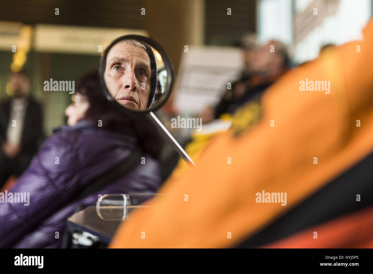 Berlin, Berlin, Germany. 4th Apr, 2017. About 50 disability rights activists and their assistants occupied the town hall in Friedrichshain-Kreuzberg. The demonstrators make the Berlin district of Friedrichshain-Kreuzberg responsible for the currently very tense economic situation of the assistance service 'ambulante dienste' because of unpaid bills for services already provided support services in hospitals. They emphasize that for many people with physical disabilities, it is very important that they accompany a trusted person in a hospital stay. Responsible city councilor KNUT MILDNER-SPIN Stock Photo
