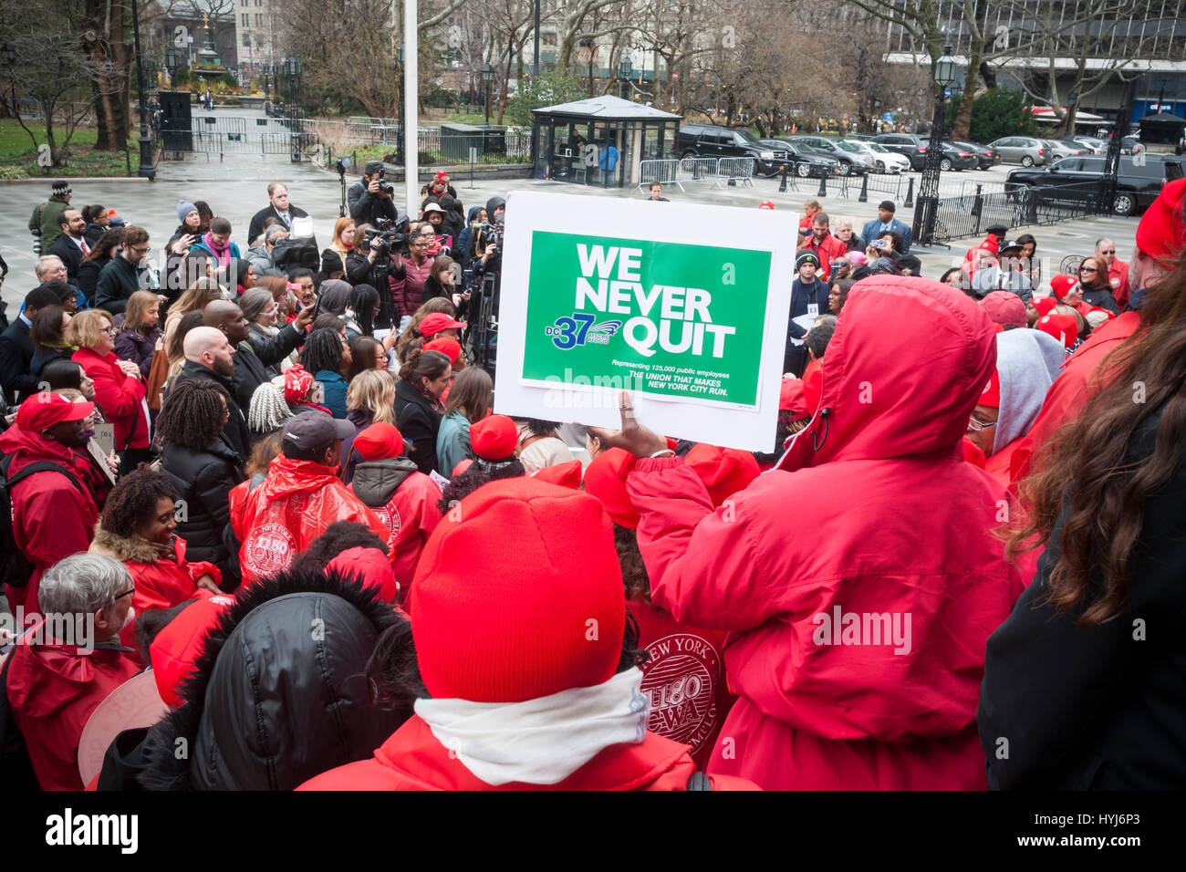 New York, USA. 4th April, 2017. New York, USA. 04th Apr, 2017. Activists, community leaders and politicians gather on the steps of City Hall in New York on Tuesday, April 4, 2017 to rally against pay disparity on the 11th annual Equal Pay Day. Nationwide the gender wage gap is averaged at 20 percent. Legislation set to be voted on tomorrow by the NY City Council would prohibit employers from asking for the wage history of prospective employees, a practice that perpetuates wage inequality. ( © Richard B. Levine) Credit: Richard Levine/Alamy Live News Stock Photo