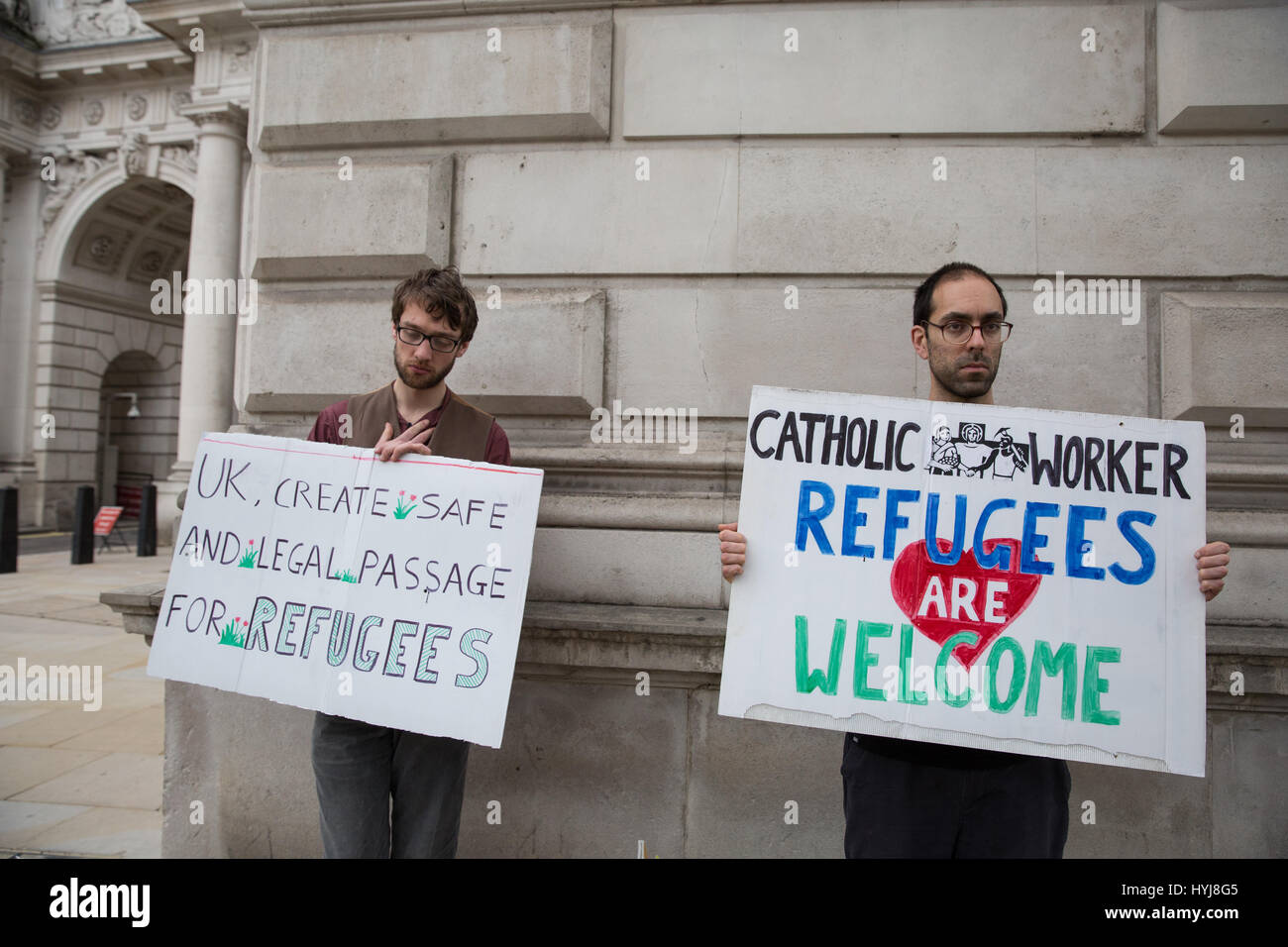 London, UK. 4th April, 2017. Members of the London Catholic Worker community hold a prayer vigil outside the Foreign and Commonwealth Office to remember the men, women and children who have died attempting to reach Europe and the UK as they fled from war, poverty and persecution and to call for a safe passage for refugees. Credit: Mark Kerrison/Alamy Live News Stock Photo