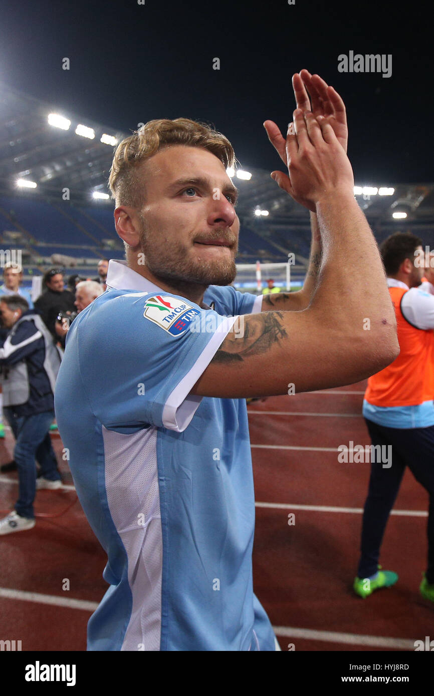 04.04.2017. Stadio Olimpico, Rome, Italy. Tim Cup, semifinal Football. Roma versus Lazio. Ciro Immobile celebrates the victory at end of the match. Stock Photo