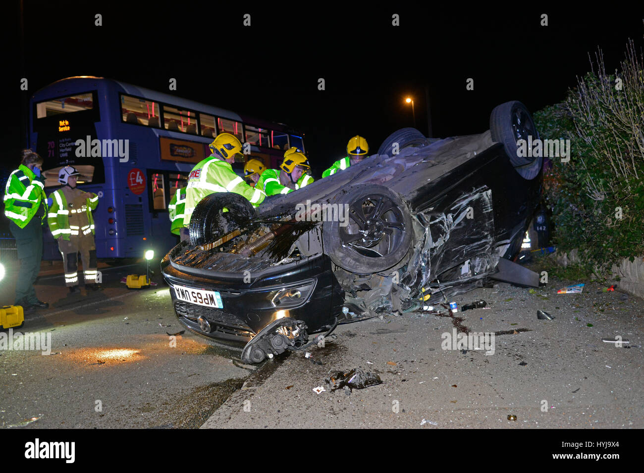 Bristol, UK. 5th April, 2017. Major Head on Bus and Car Smash closes
