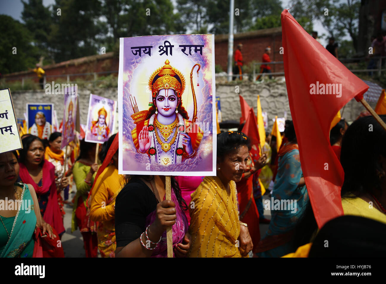 Kathmandu, Nepal. 5th Apr, 2017. Nepalese Hindu devotees carry ...