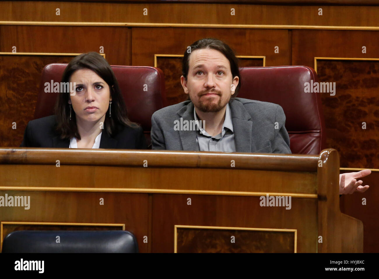 Podemos leader Pablo Iglesias and Podemos spokesperson Irene Montero during an ordinary session at Spanish Parliament in Madrid, on Wednesday 05, April 2017. Stock Photo