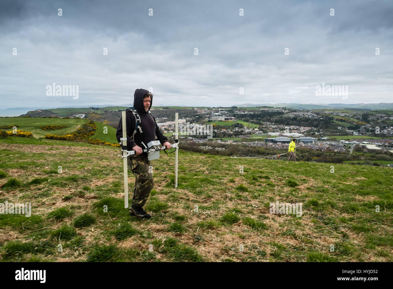 Aberystwyth Wales UK, Wednesday 05 April 2017   Archaeology in the UK : Archaeologists from Archaeology  Wales making the first-ever comprehensive geophysical survey of the interior of  Pen Dinas , the huge Iron age hill fort overlooking Aberystwyth on the Ceredigion coast of west Wales   photo © Keith Morris / Alamy Live News Stock Photo