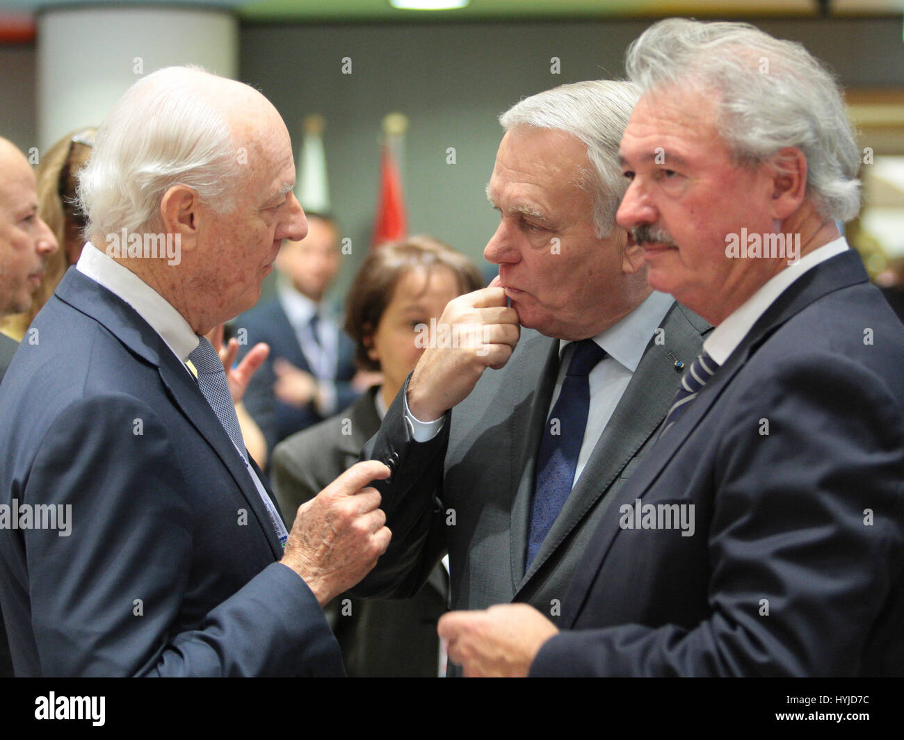 Brussels, Belgium. 05th Apr, 2017. Roundtable of Ministers, Ambassadors and State Secretary in support of Syria and the region, United Nations Special Envoy for Syria Stefan de Mistura And France Mibnister for Foreign Affairs Jean-Marc Ayrault. Credit: Leo Cavallo/Alamy Live News Stock Photo