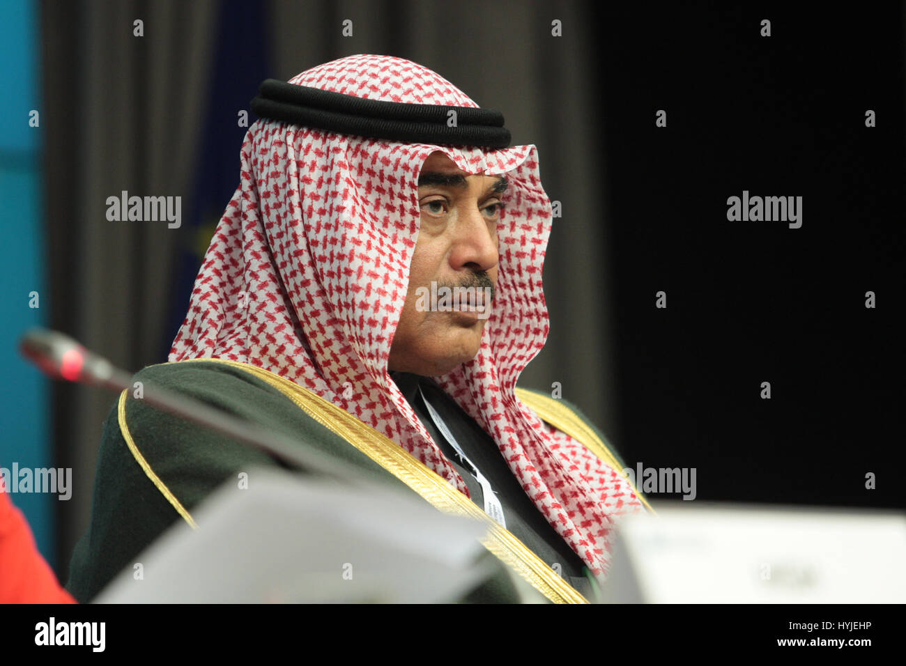 Brussels, Belgium. 05th Apr, 2017. Roundtable of Ministers, Ambassadors and State Secretary in support of Syria and the region, press conference Kuwait Minister for Foreing Affairs Sheikh Sabah Khalid Al Hamad Al Sabah Credit: Leo Cavallo/Alamy Live News Stock Photo